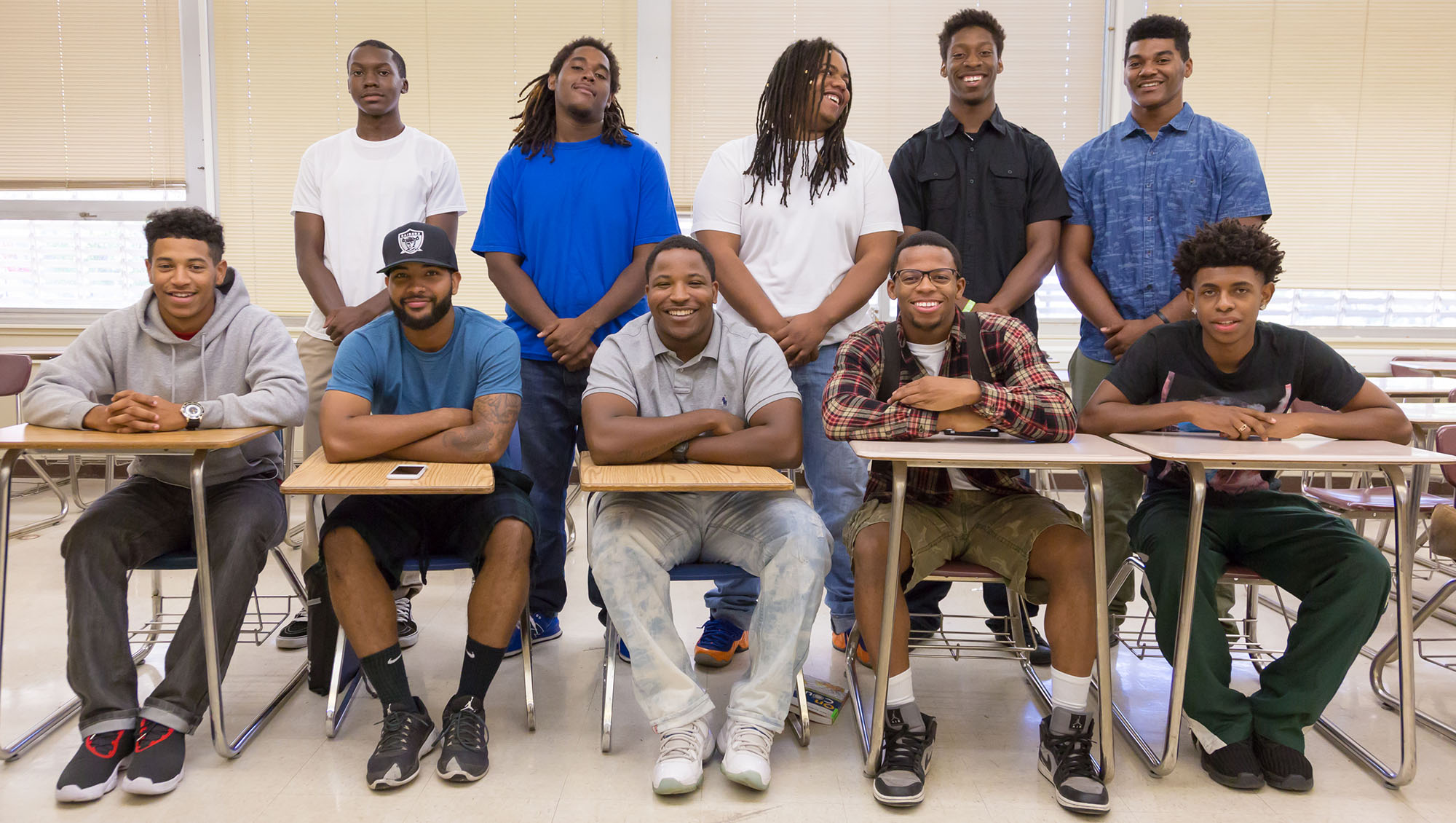 Ten Black male students in the classroom for the Umoja Personal Development course at Sierra College